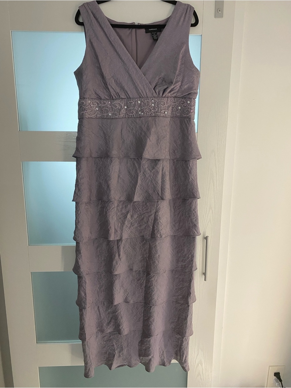 R&M Richards Lavender Tiered V-Neck Dress with Embellished Waist